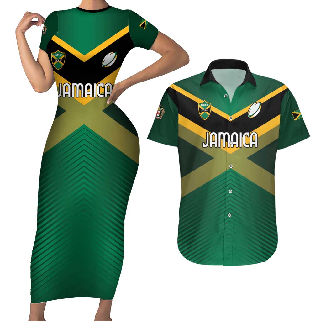 Custom Rugby Jamaica Couples Matching Short Sleeve Bodycon Dress and Hawaiian Shirt Reggae Warriors Go Champions