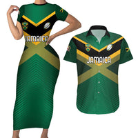 Custom Rugby Jamaica Couples Matching Short Sleeve Bodycon Dress and Hawaiian Shirt Reggae Warriors Go Champions