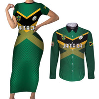Custom Rugby Jamaica Couples Matching Short Sleeve Bodycon Dress and Long Sleeve Button Shirt Reggae Warriors Go Champions