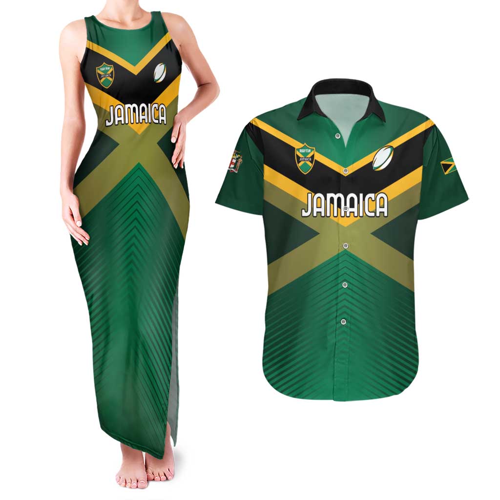 Custom Rugby Jamaica Couples Matching Tank Maxi Dress and Hawaiian Shirt Reggae Warriors Go Champions