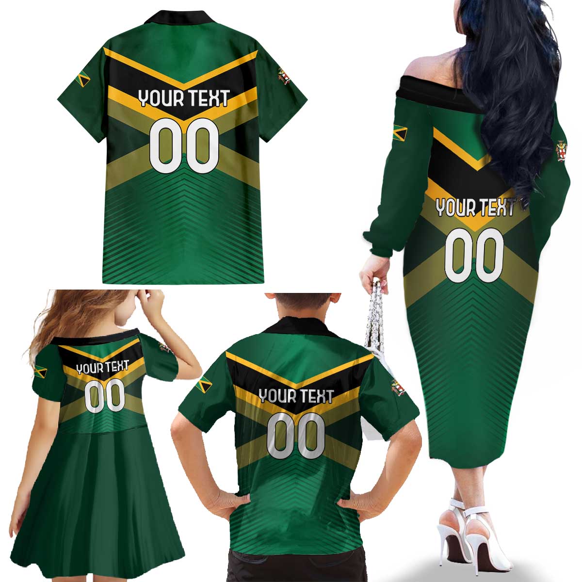 Custom Rugby Jamaica Family Matching Off The Shoulder Long Sleeve Dress and Hawaiian Shirt Reggae Warriors Go Champions