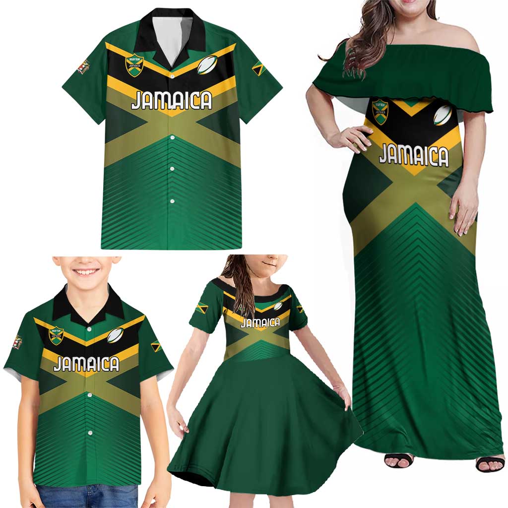 Custom Rugby Jamaica Family Matching Off Shoulder Maxi Dress and Hawaiian Shirt Reggae Warriors Go Champions