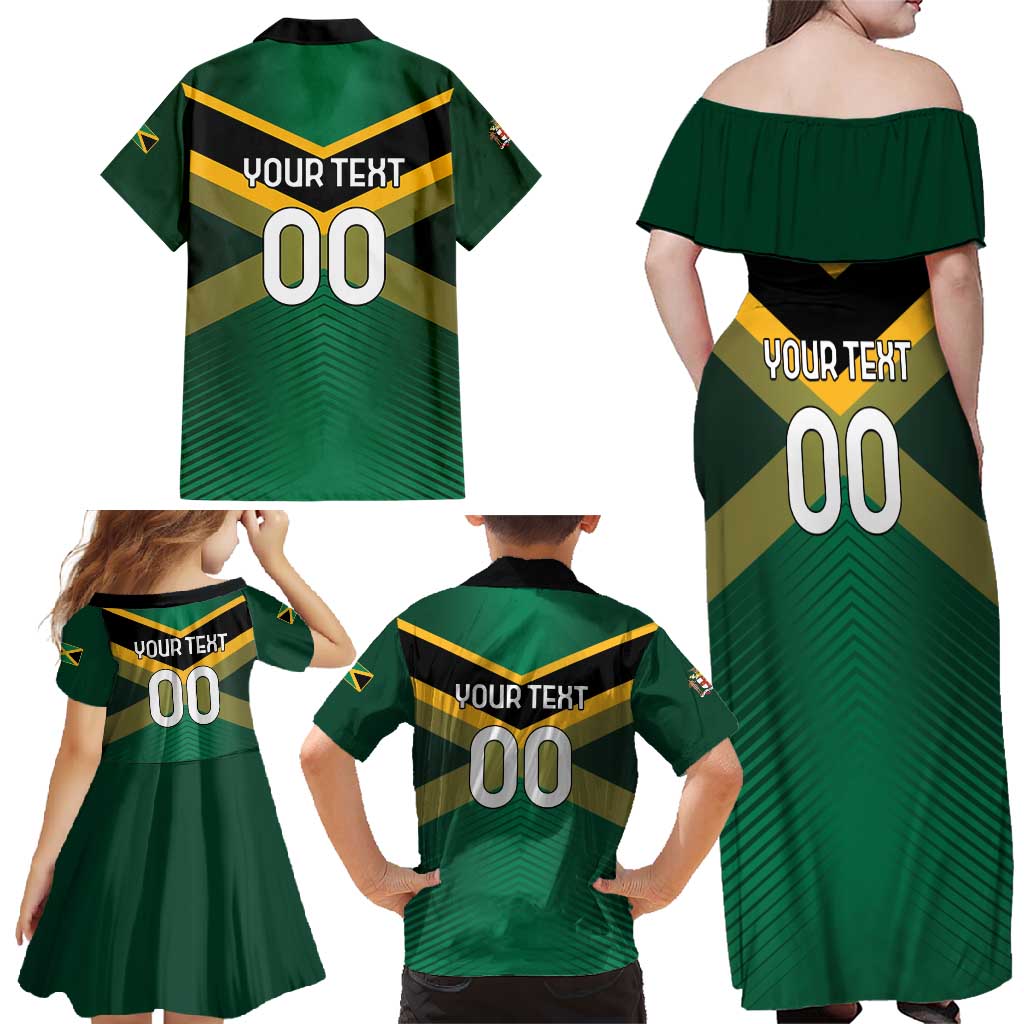 Custom Rugby Jamaica Family Matching Off Shoulder Maxi Dress and Hawaiian Shirt Reggae Warriors Go Champions