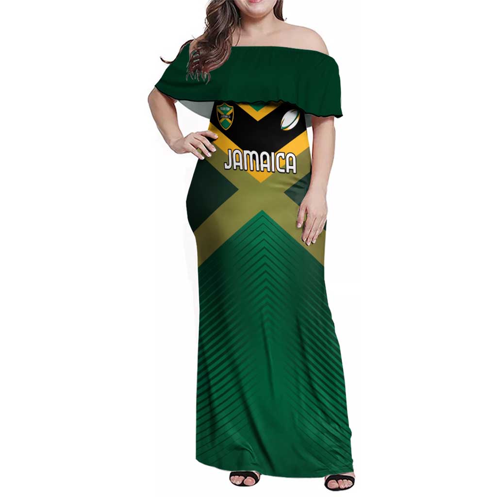 Custom Rugby Jamaica Family Matching Off Shoulder Maxi Dress and Hawaiian Shirt Reggae Warriors Go Champions