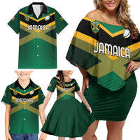 Custom Rugby Jamaica Family Matching Off Shoulder Short Dress and Hawaiian Shirt Reggae Warriors Go Champions