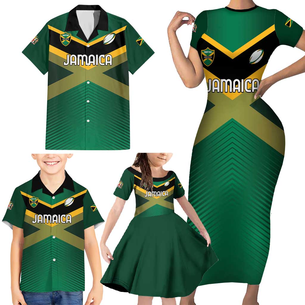 Custom Rugby Jamaica Family Matching Short Sleeve Bodycon Dress and Hawaiian Shirt Reggae Warriors Go Champions