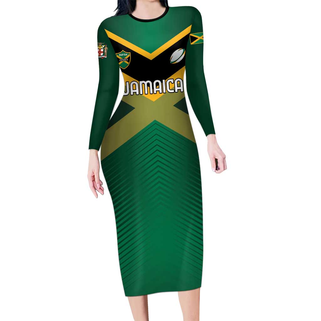 Custom Rugby Jamaica Long Sleeve Bodycon Dress Reggae Warriors Go Champions