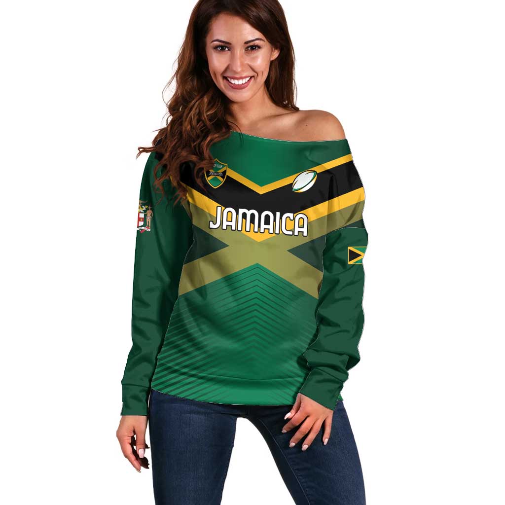 Custom Rugby Jamaica Off Shoulder Sweater Reggae Warriors Go Champions