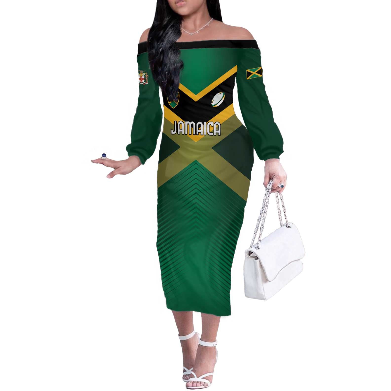 Custom Rugby Jamaica Off The Shoulder Long Sleeve Dress Reggae Warriors Go Champions