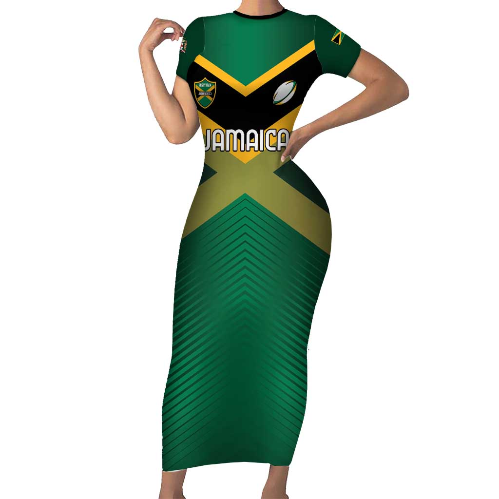 Custom Rugby Jamaica Short Sleeve Bodycon Dress Reggae Warriors Go Champions