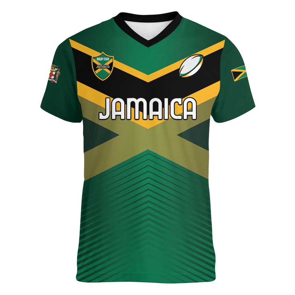 Custom Rugby Jamaica Women V-Neck T-Shirt Reggae Warriors Go Champions