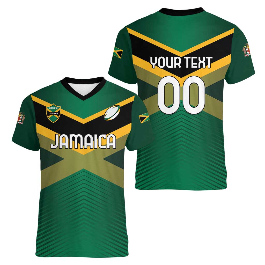Custom Rugby Jamaica Women V-Neck T-Shirt Reggae Warriors Go Champions