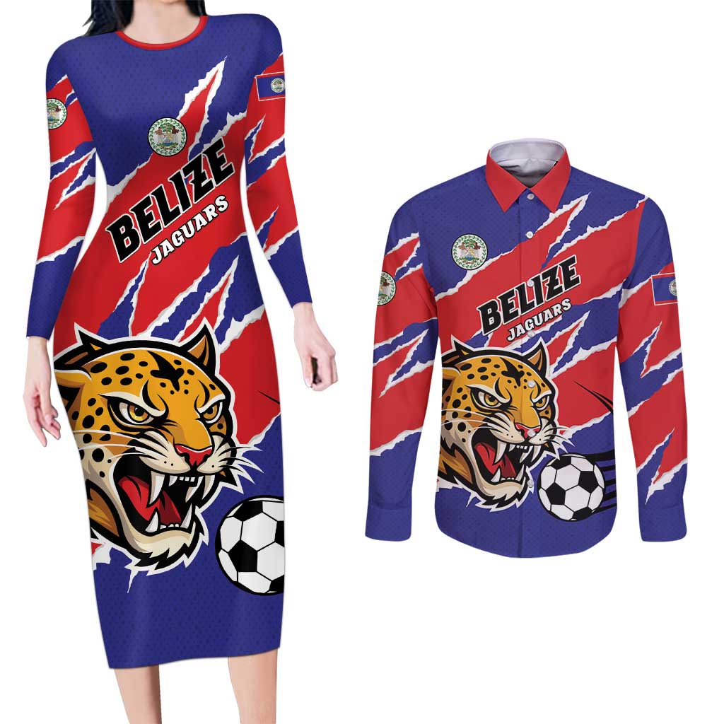 Custom Football Belize Jaguars Couples Matching Long Sleeve Bodycon Dress and Long Sleeve Button Shirt Team Unbelizeables Jaguars