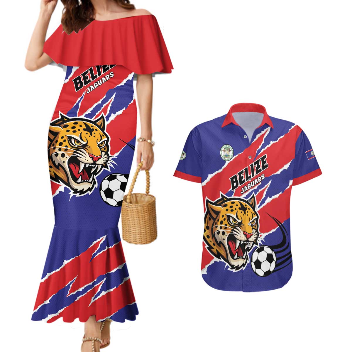 Custom Football Belize Jaguars Couples Matching Mermaid Dress and Hawaiian Shirt Team Unbelizeables Jaguars