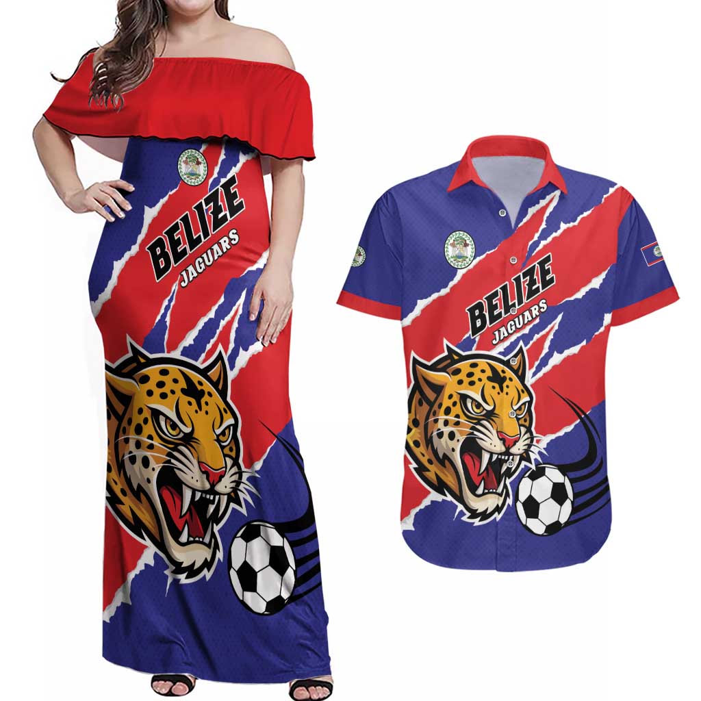 Custom Football Belize Jaguars Couples Matching Off Shoulder Maxi Dress and Hawaiian Shirt Team Unbelizeables Jaguars
