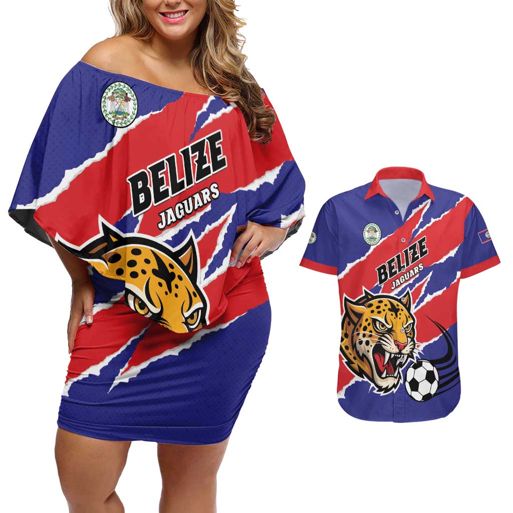 Custom Football Belize Jaguars Couples Matching Off Shoulder Short Dress and Hawaiian Shirt Team Unbelizeables Jaguars