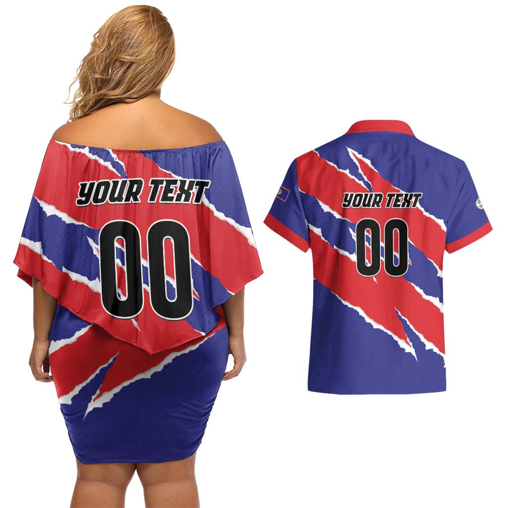Custom Football Belize Jaguars Couples Matching Off Shoulder Short Dress and Hawaiian Shirt Team Unbelizeables Jaguars