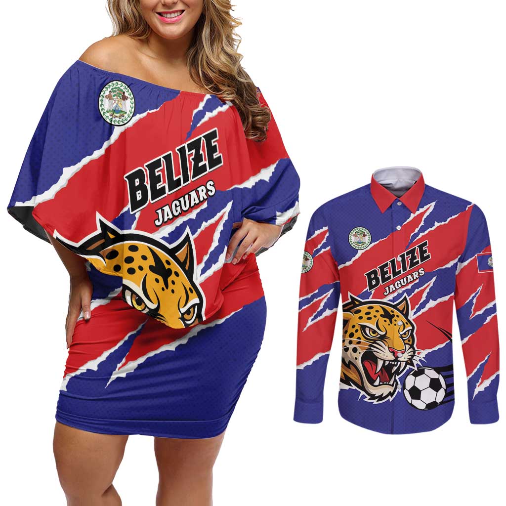 Custom Football Belize Jaguars Couples Matching Off Shoulder Short Dress and Long Sleeve Button Shirt Team Unbelizeables Jaguars