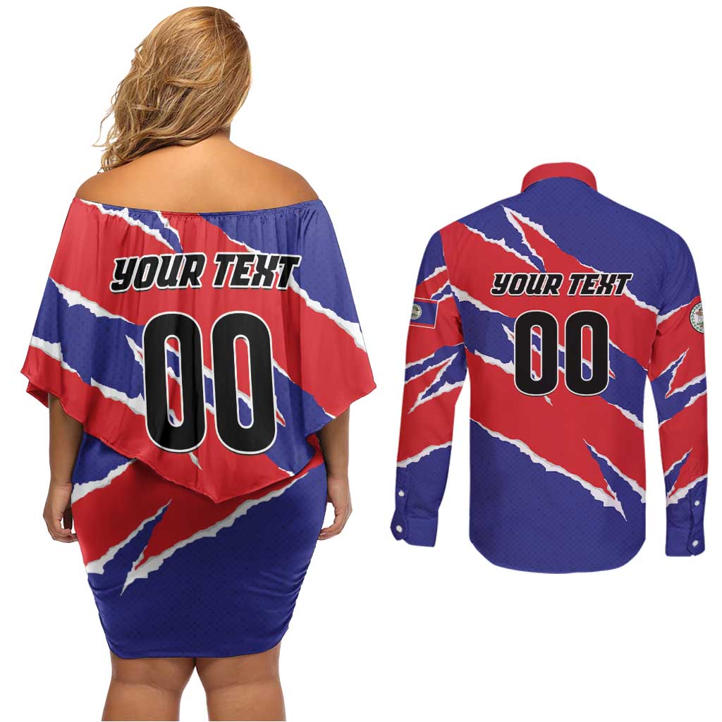 Custom Football Belize Jaguars Couples Matching Off Shoulder Short Dress and Long Sleeve Button Shirt Team Unbelizeables Jaguars