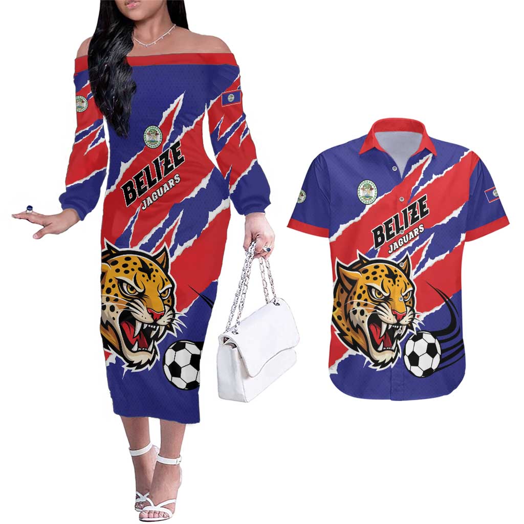 Custom Football Belize Jaguars Couples Matching Off The Shoulder Long Sleeve Dress and Hawaiian Shirt Team Unbelizeables Jaguars