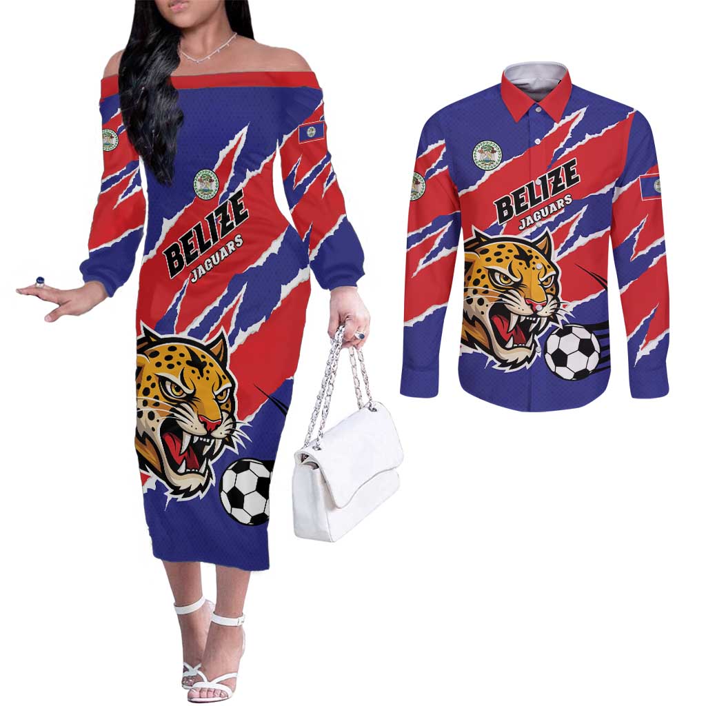 Custom Football Belize Jaguars Couples Matching Off The Shoulder Long Sleeve Dress and Long Sleeve Button Shirt Team Unbelizeables Jaguars