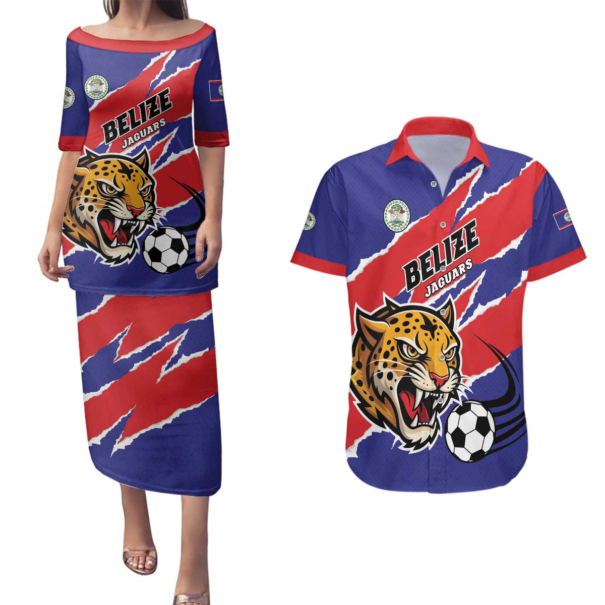 Custom Football Belize Jaguars Couples Matching Puletasi and Hawaiian Shirt Team Unbelizeables Jaguars