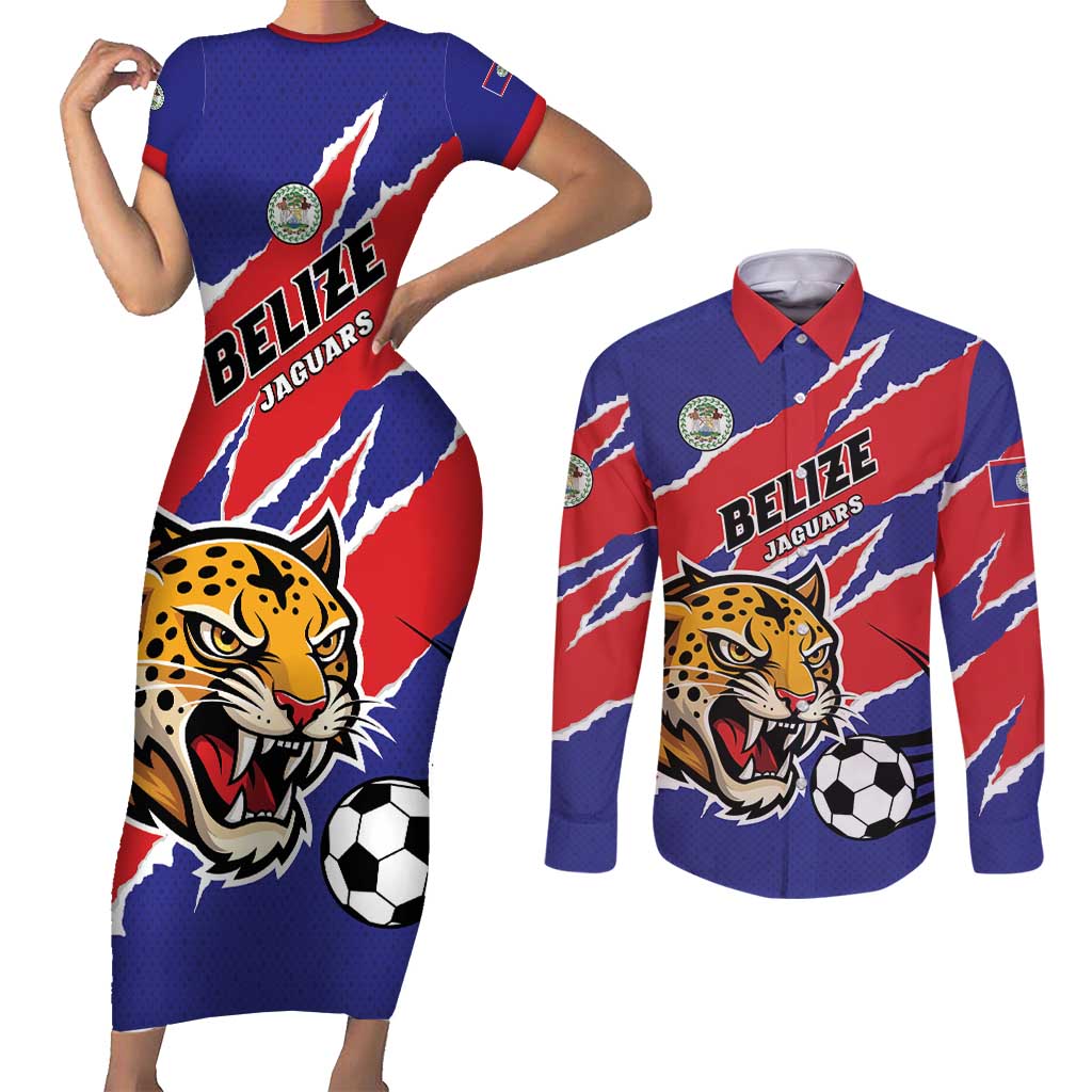 Custom Football Belize Jaguars Couples Matching Short Sleeve Bodycon Dress and Long Sleeve Button Shirt Team Unbelizeables Jaguars