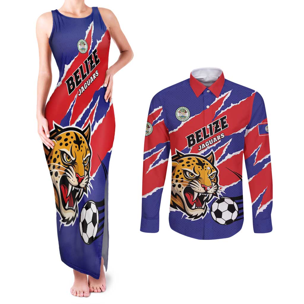 Custom Football Belize Jaguars Couples Matching Tank Maxi Dress and Long Sleeve Button Shirt Team Unbelizeables Jaguars