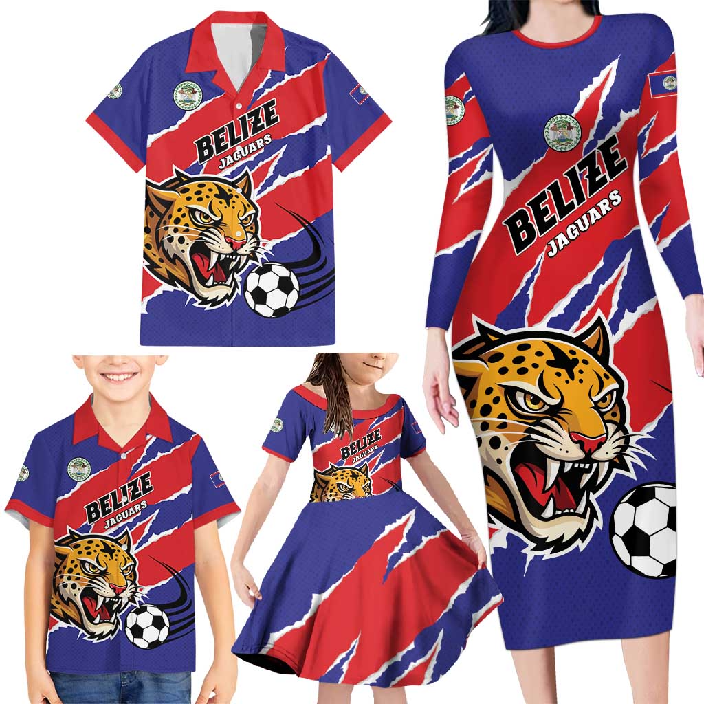 Custom Football Belize Jaguars Family Matching Long Sleeve Bodycon Dress and Hawaiian Shirt Team Unbelizeables Jaguars