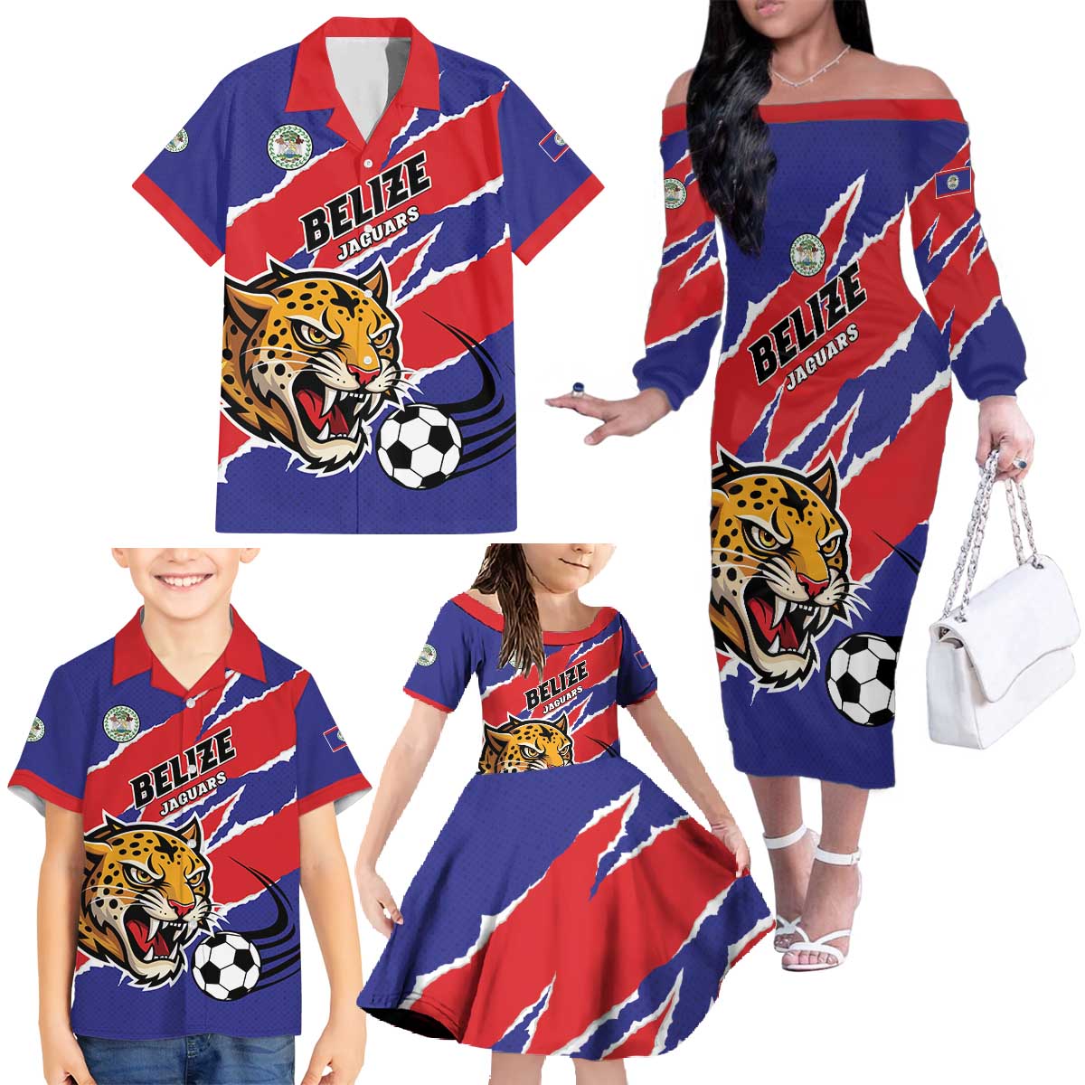 Custom Football Belize Jaguars Family Matching Off The Shoulder Long Sleeve Dress and Hawaiian Shirt Team Unbelizeables Jaguars