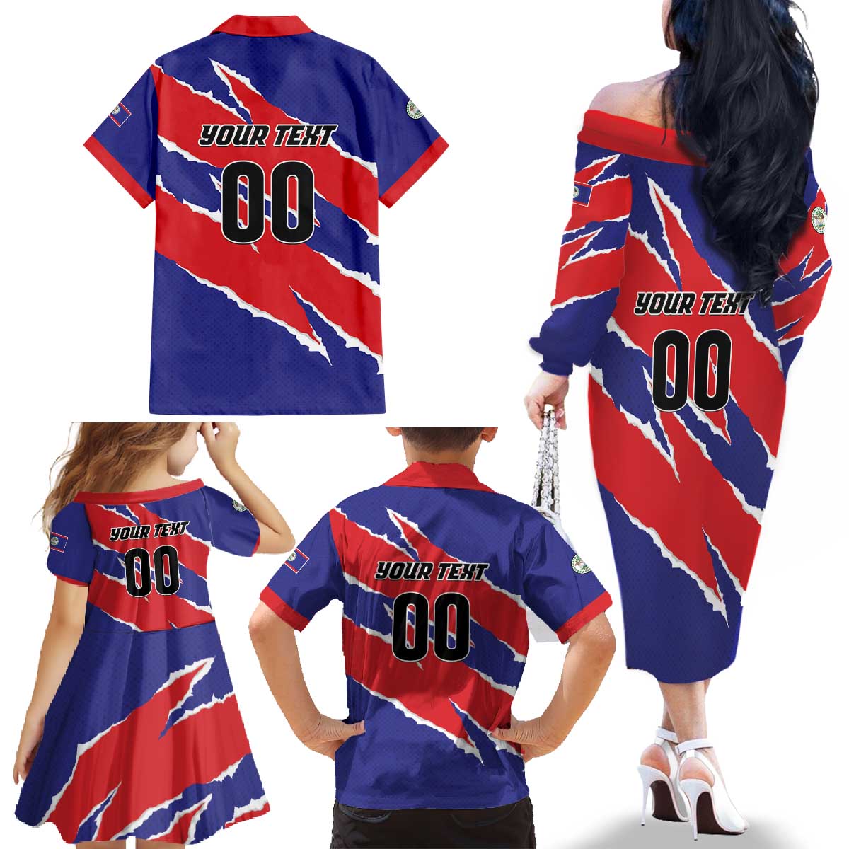 Custom Football Belize Jaguars Family Matching Off The Shoulder Long Sleeve Dress and Hawaiian Shirt Team Unbelizeables Jaguars