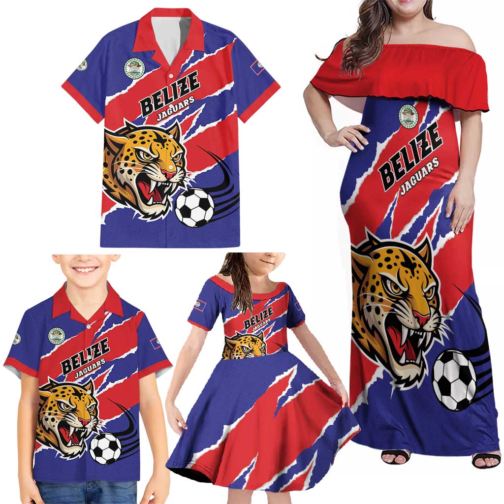 Custom Football Belize Jaguars Family Matching Off Shoulder Maxi Dress and Hawaiian Shirt Team Unbelizeables Jaguars