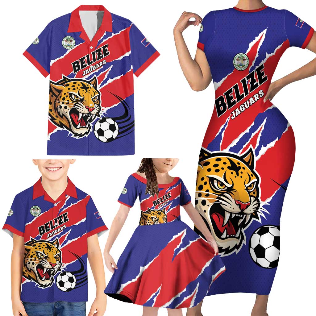 Custom Football Belize Jaguars Family Matching Short Sleeve Bodycon Dress and Hawaiian Shirt Team Unbelizeables Jaguars