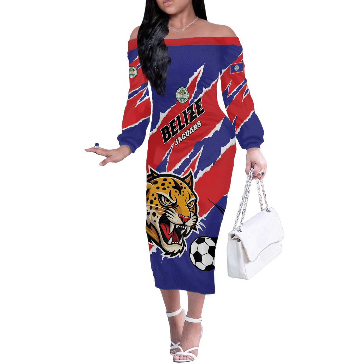 Custom Football Belize Jaguars Off The Shoulder Long Sleeve Dress Team Unbelizeables Jaguars