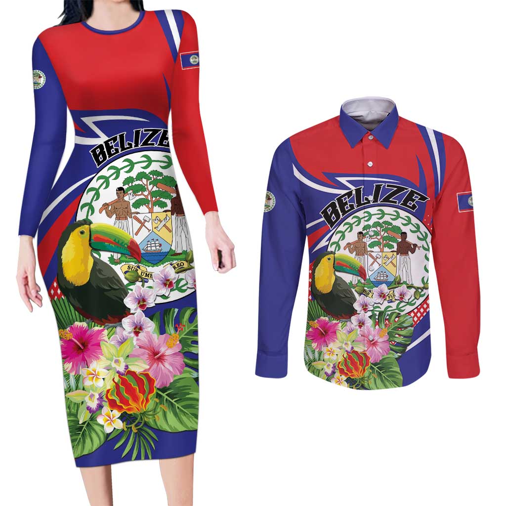 Personalized Belize Toucan Couples Matching Long Sleeve Bodycon Dress and Long Sleeve Button Shirt Sub umbra floreo