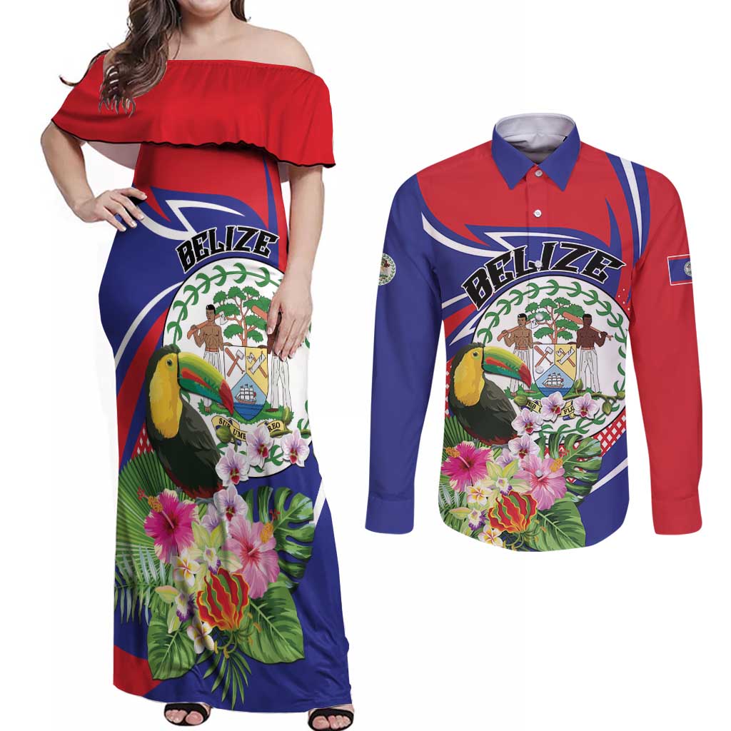 Personalized Belize Toucan Couples Matching Off Shoulder Maxi Dress and Long Sleeve Button Shirt Sub umbra floreo