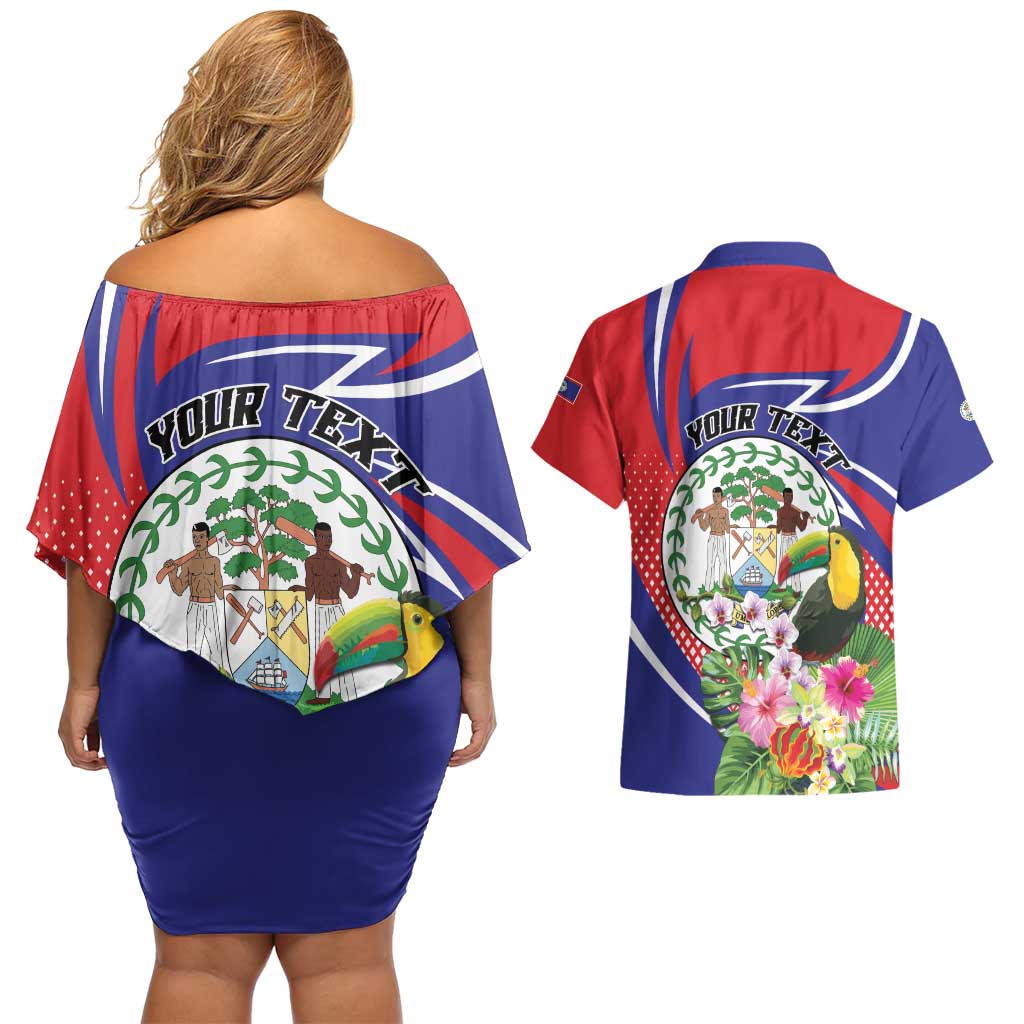 Personalized Belize Toucan Couples Matching Off Shoulder Short Dress and Hawaiian Shirt Sub umbra floreo