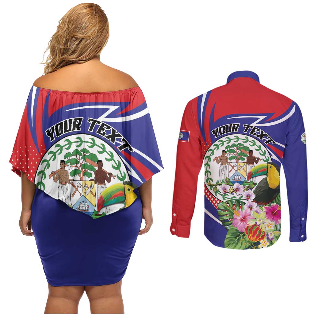 Personalized Belize Toucan Couples Matching Off Shoulder Short Dress and Long Sleeve Button Shirt Sub umbra floreo