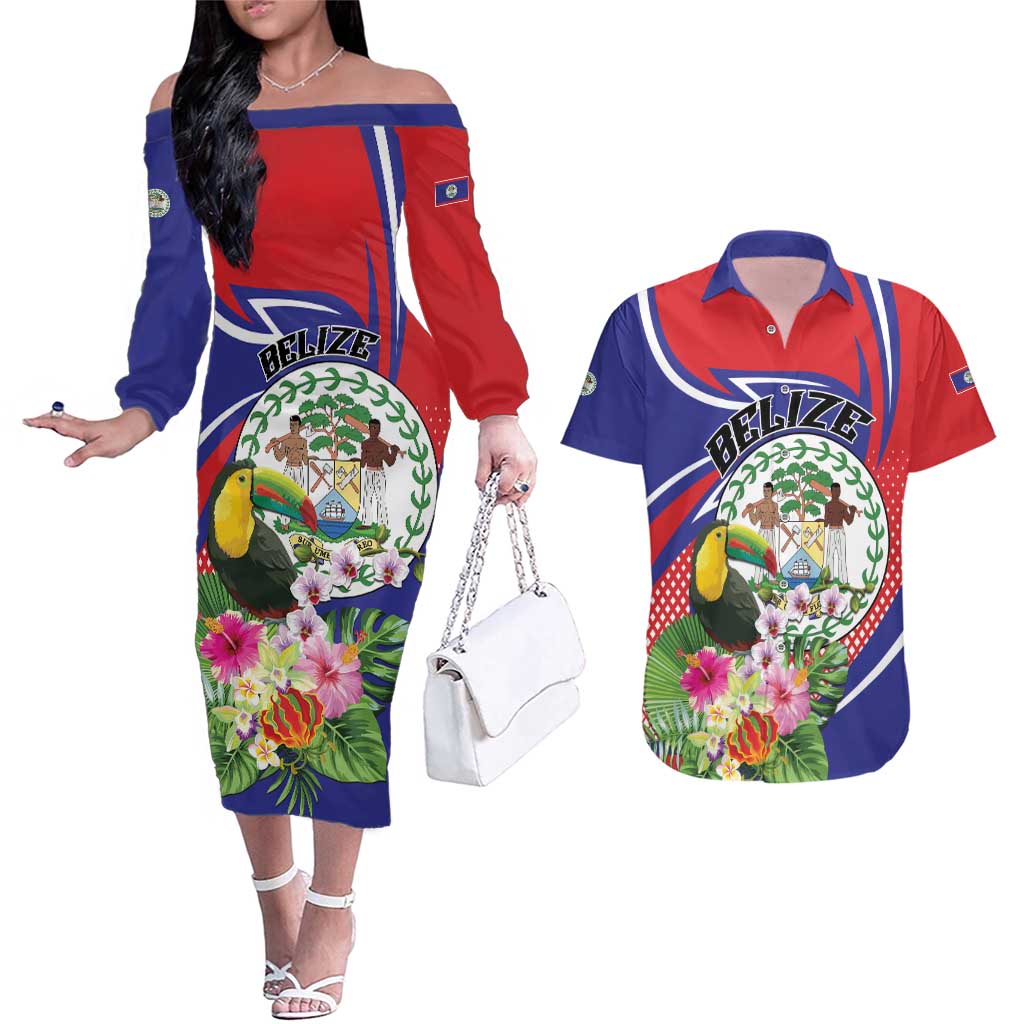 Personalized Belize Toucan Couples Matching Off The Shoulder Long Sleeve Dress and Hawaiian Shirt Sub umbra floreo