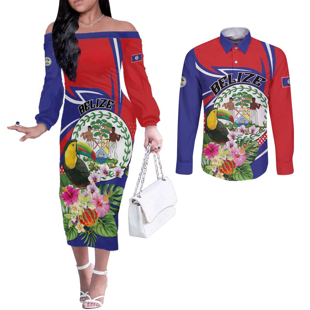 Personalized Belize Toucan Couples Matching Off The Shoulder Long Sleeve Dress and Long Sleeve Button Shirt Sub umbra floreo