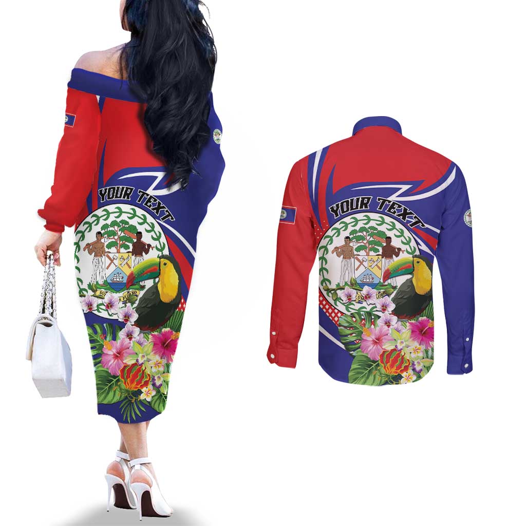 Personalized Belize Toucan Couples Matching Off The Shoulder Long Sleeve Dress and Long Sleeve Button Shirt Sub umbra floreo