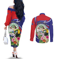 Personalized Belize Toucan Couples Matching Off The Shoulder Long Sleeve Dress and Long Sleeve Button Shirt Sub umbra floreo