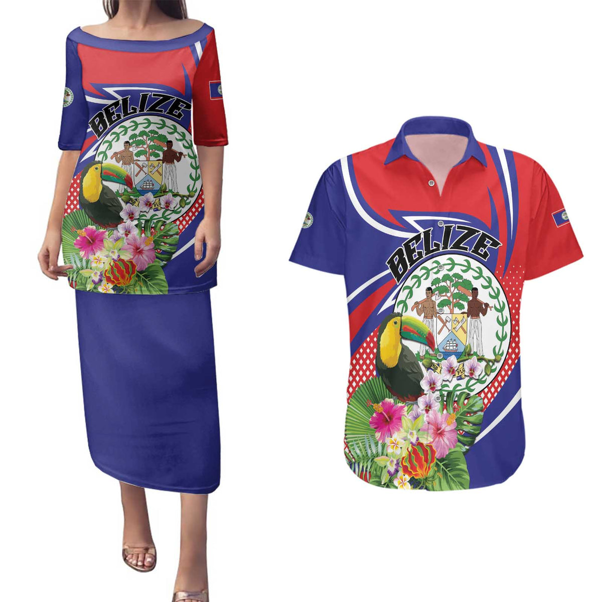 Personalized Belize Toucan Couples Matching Puletasi and Hawaiian Shirt Sub umbra floreo