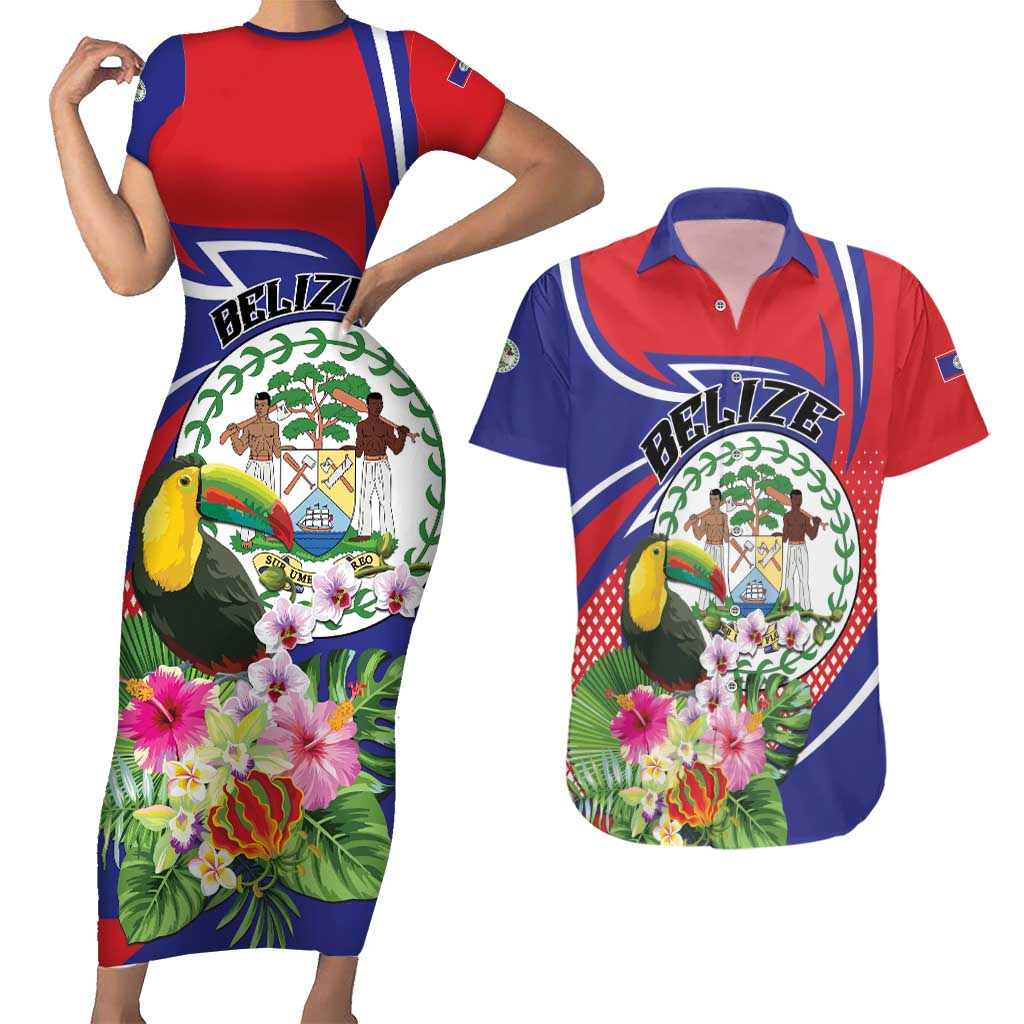 Personalized Belize Toucan Couples Matching Short Sleeve Bodycon Dress and Hawaiian Shirt Sub umbra floreo