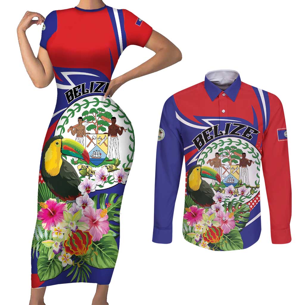 Personalized Belize Toucan Couples Matching Short Sleeve Bodycon Dress and Long Sleeve Button Shirt Sub umbra floreo