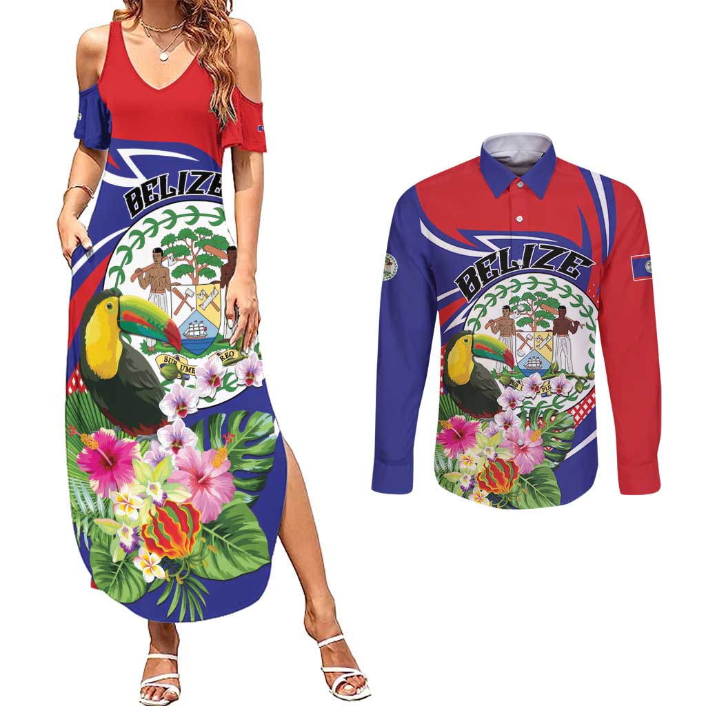 Personalized Belize Toucan Couples Matching Summer Maxi Dress and Long Sleeve Button Shirt Sub umbra floreo
