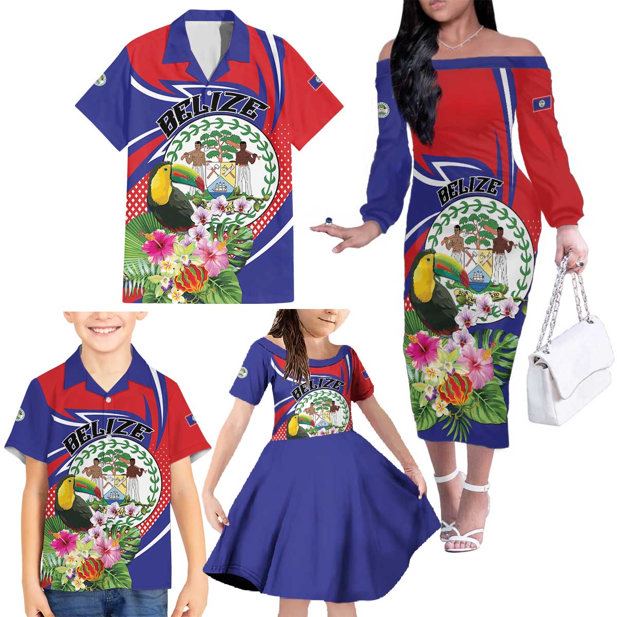 Personalized Belize Toucan Family Matching Off The Shoulder Long Sleeve Dress and Hawaiian Shirt Sub umbra floreo