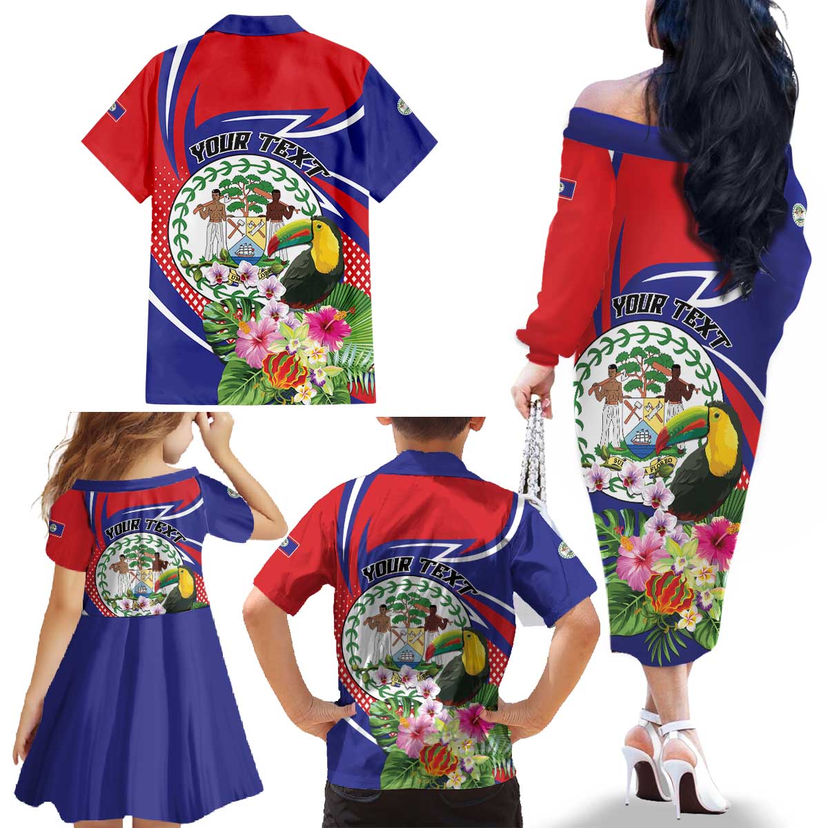 Personalized Belize Toucan Family Matching Off The Shoulder Long Sleeve Dress and Hawaiian Shirt Sub umbra floreo