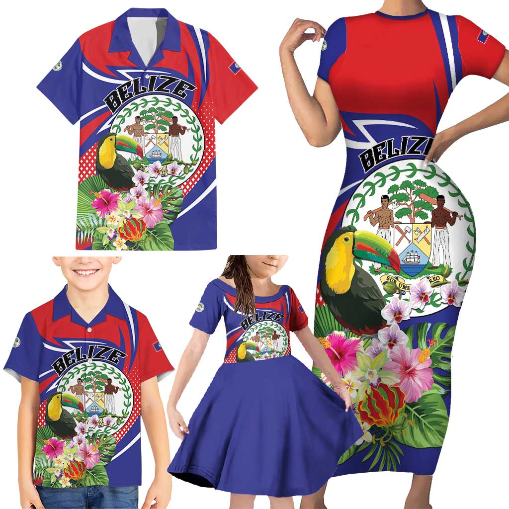 Personalized Belize Toucan Family Matching Short Sleeve Bodycon Dress and Hawaiian Shirt Sub umbra floreo