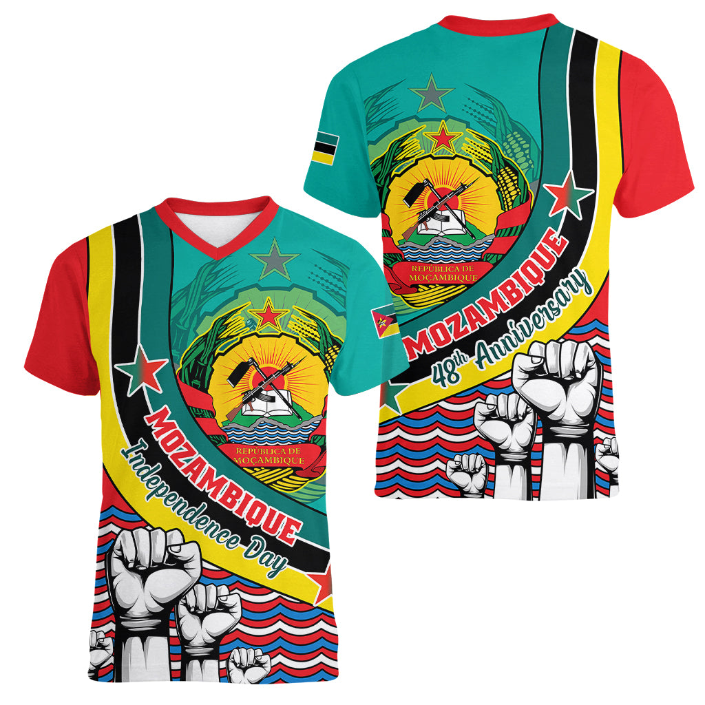 Mozambique Independence Day Women V Neck T Shirt Mozambiki Emblem Happy 48th Anniversary - Wonder Print Shop